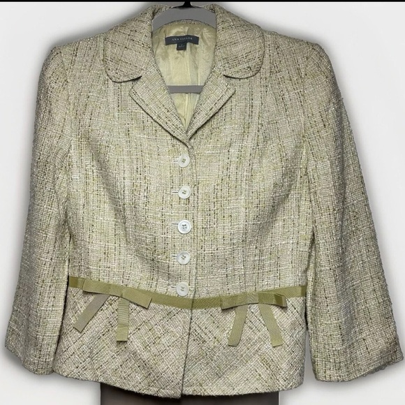Ann Taylor Women's Size 4 Green Tweed Linen Blend Blazer Career Coquette Barbie - Picture 1 of 12